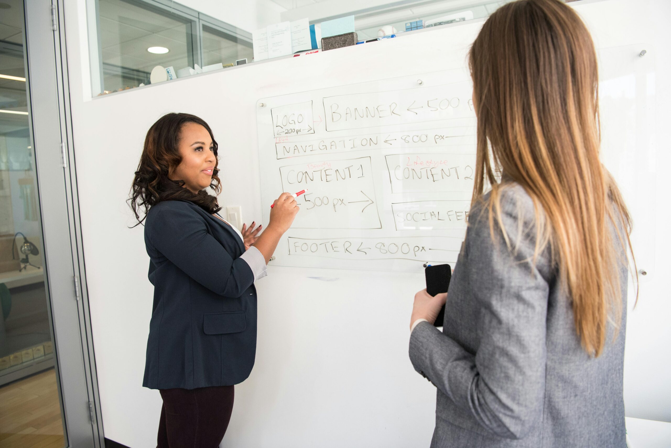 Two women brainstorming in an office, using a whiteboard for project planning.