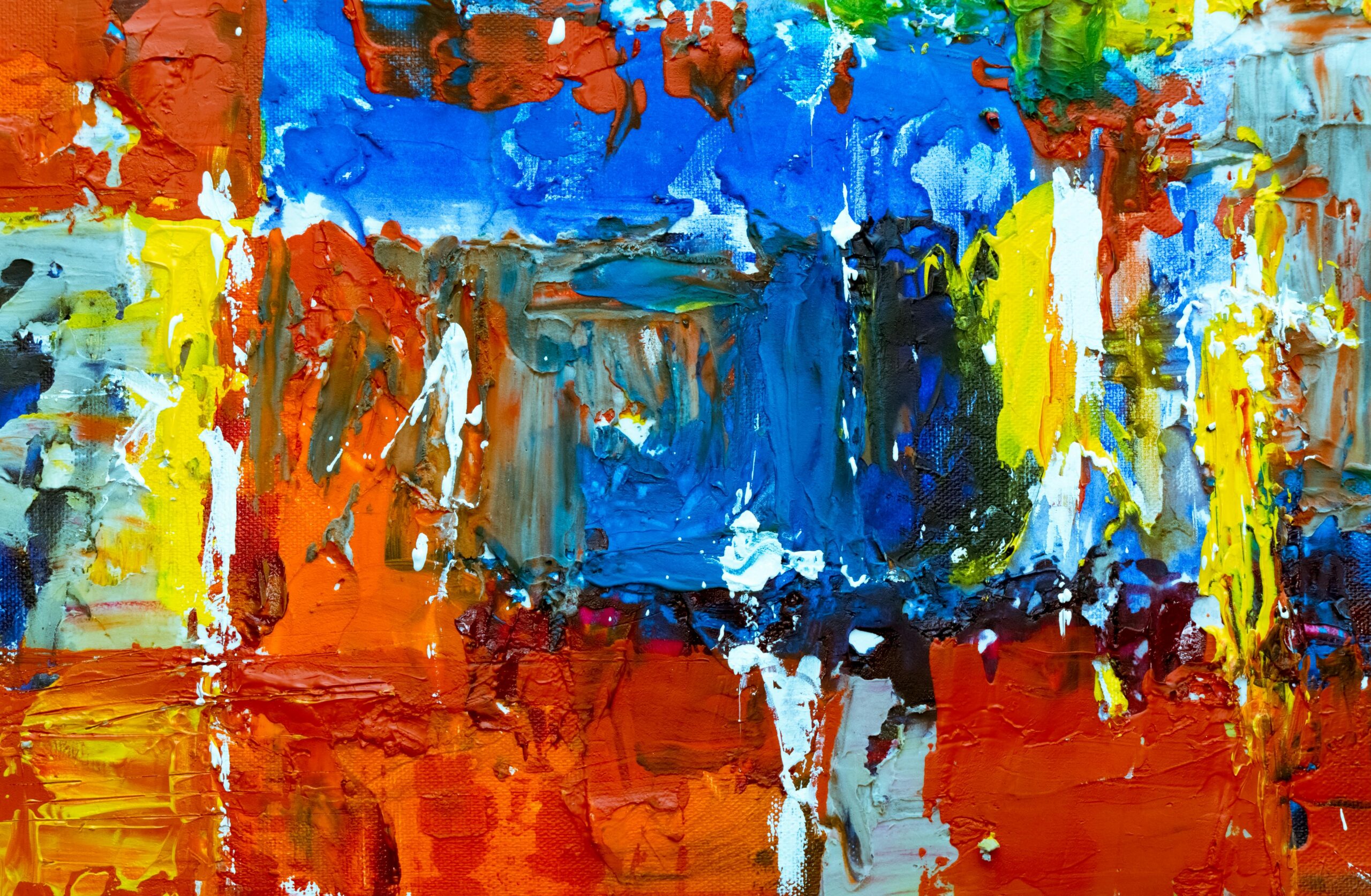 Dynamic abstract expressionism painting with vibrant colors and textured acrylic on canvas.