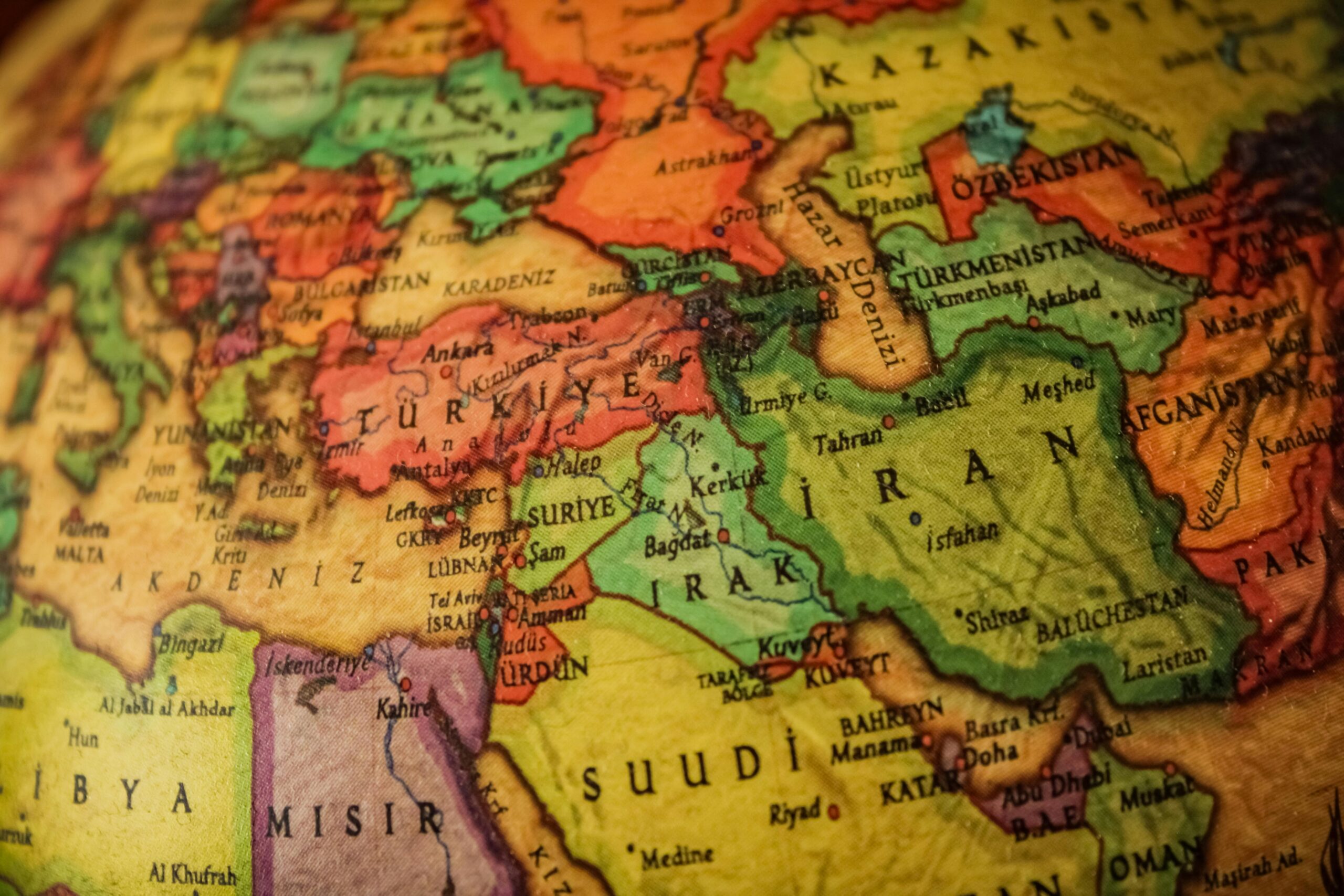 Close-up of a colorful map depicting countries of the Middle East.